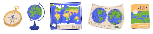 Vector a set of objects for a geography lesson study of the environment and countries using maps and atlases attributes for a schoolchild vector illustration isolated on transparent background