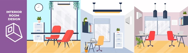 Set of office room with furniture Chair desk laptop clock on the wall and window Interior room concept Colored flat graphic vector illustration isolated