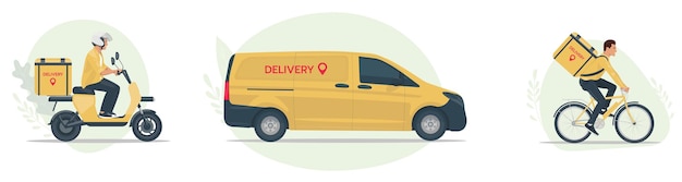 Vector set of online delivery illustrations happy courier delivers goods and food on a scooter