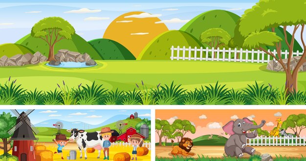 Vector set of outdoor panoramic landscape with cartoon character