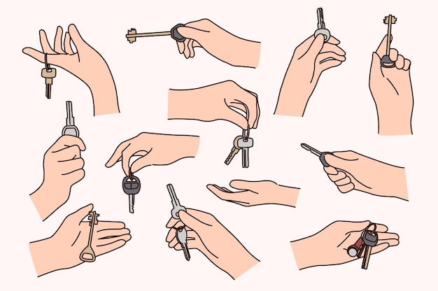 Set of people holding keys to home or cars