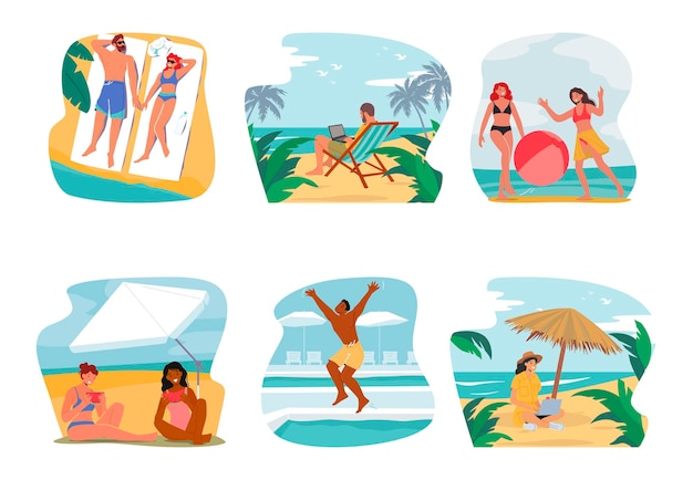 Vector set people relax on summer beach male and female characters on holidays vacation cartoon vector illustration