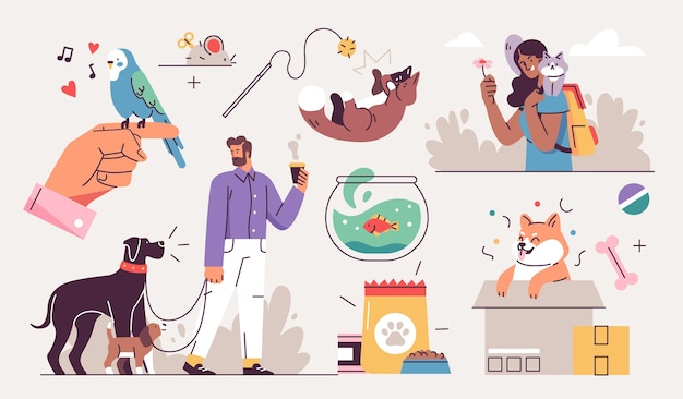 Vector set of people and their pets illustrations men and women having fun training and playing with pets