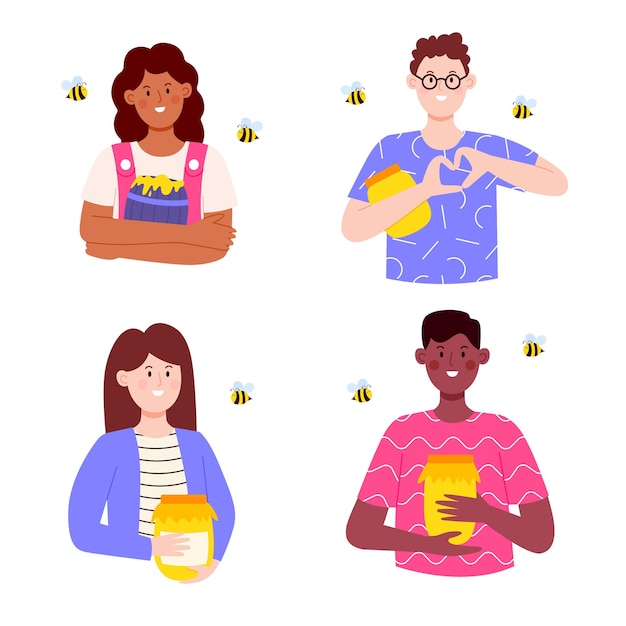 Set of people with a jar of honey Male and female characters Flat vector illustration