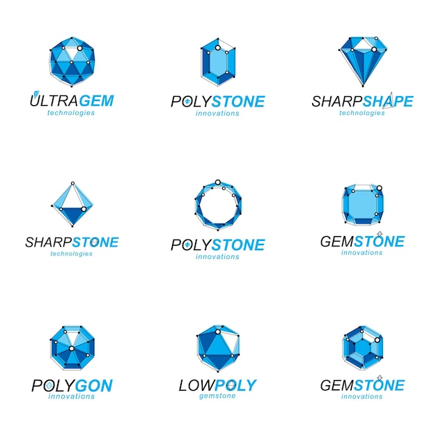 Vector set of perspective technology shapes, polygonal wireframe objects collection. collection of diamond design elements.