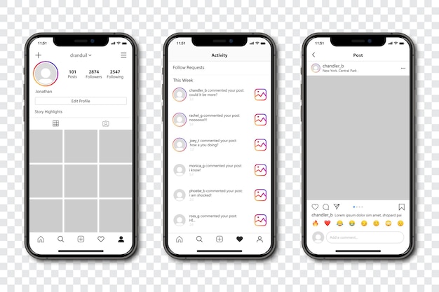 Set of phone with social media template frame