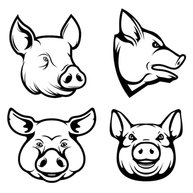 Set of pig heads Design element for restaurant menu poster BBQ invitation card Vector illustration