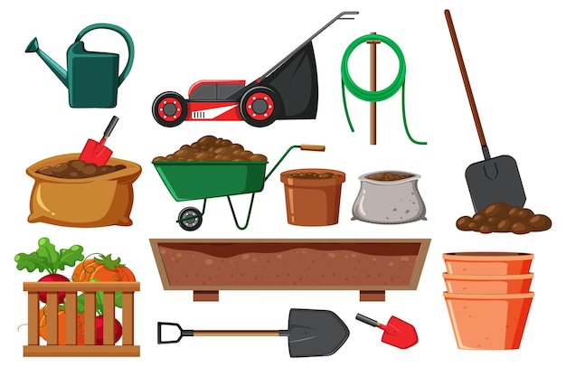 Vector set of plant and gardening tools and equipment