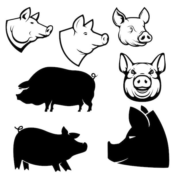 Set of Pork labels Pig silhouettes and heads Design elements for logo label emblem sign brand mark