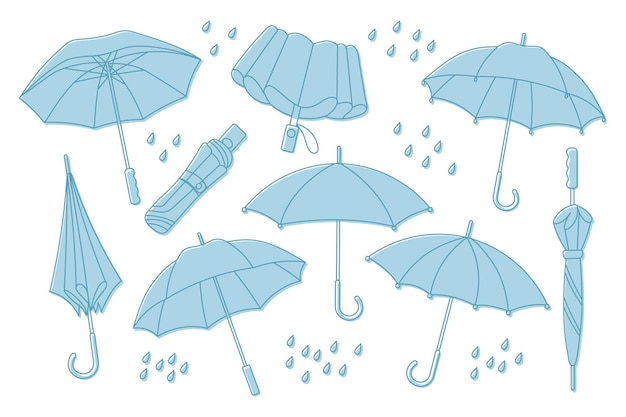 Set of rain umbrellas open and closed umbrellas Collection of seasonal accessories Sketch linear