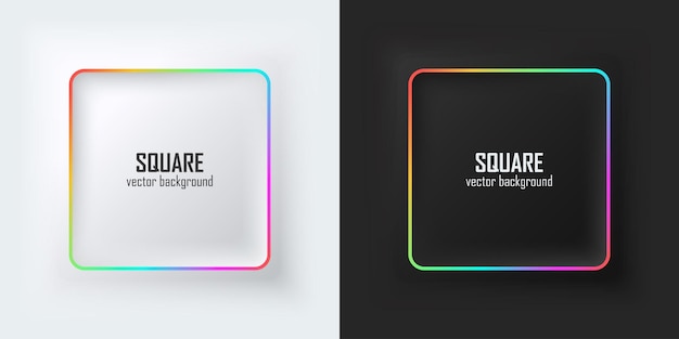 Vector set of realistic 3d squares rainbow illuminate neon lighting square frames on a white and black background in neumorphism style elements for design top view of the podium eps10 vector