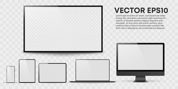 Vector set of realistic monitor, laptop, tablet, phone on a white background