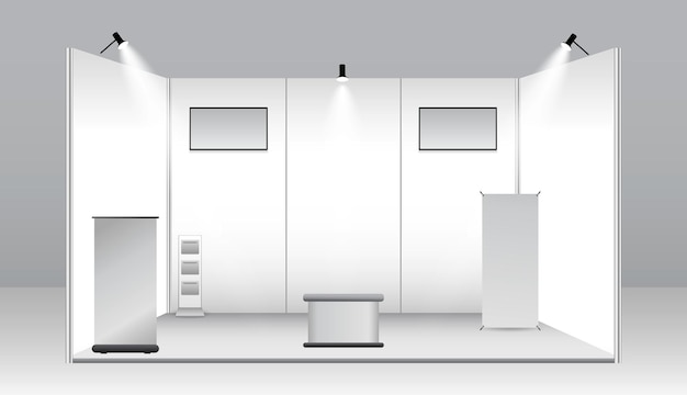 Vector set of realistic trade exhibition stand or white blank exhibition kiosk or stand booth corporate com
