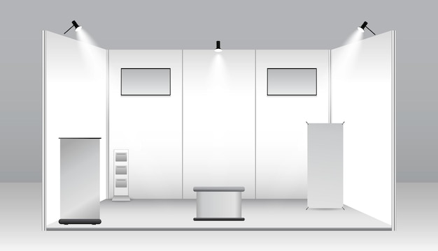 set of realistic trade exhibition stand or white blank exhibition kiosk or stand booth corporate com