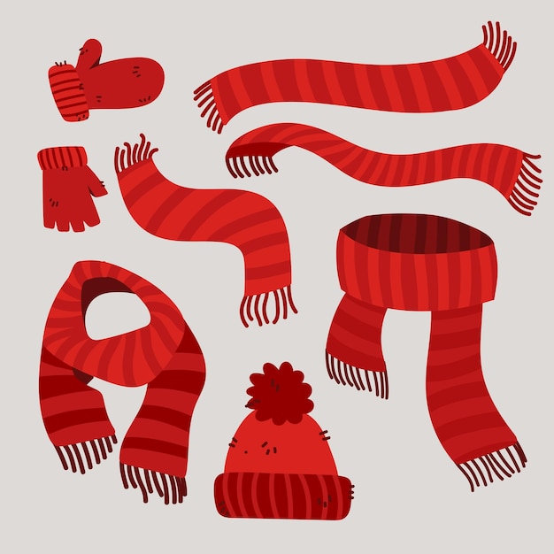 Vector set of red items for the cold times scarf bonnet gloves winter