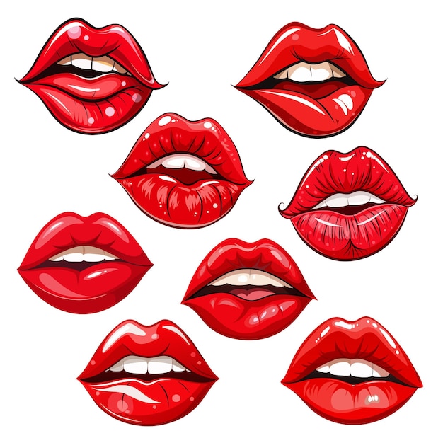 Set of red sexy female lips isolated on white background