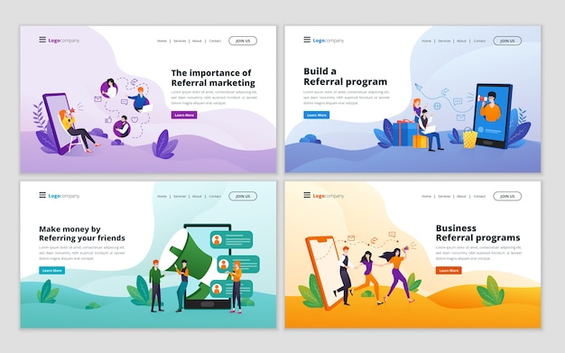 Set of referral marketing and affiliate marketing strategy landing page template