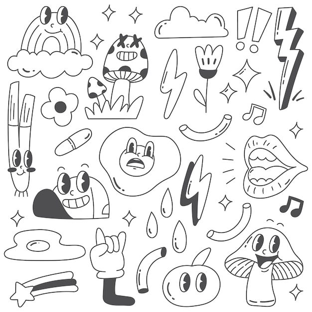 Vector set of retro cartoon character doodle line art