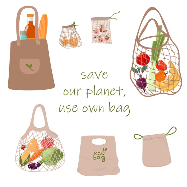 Vector set of reusable grocery eco bag  isolated from white background. zero waste (say no to plastic) and food concept. 