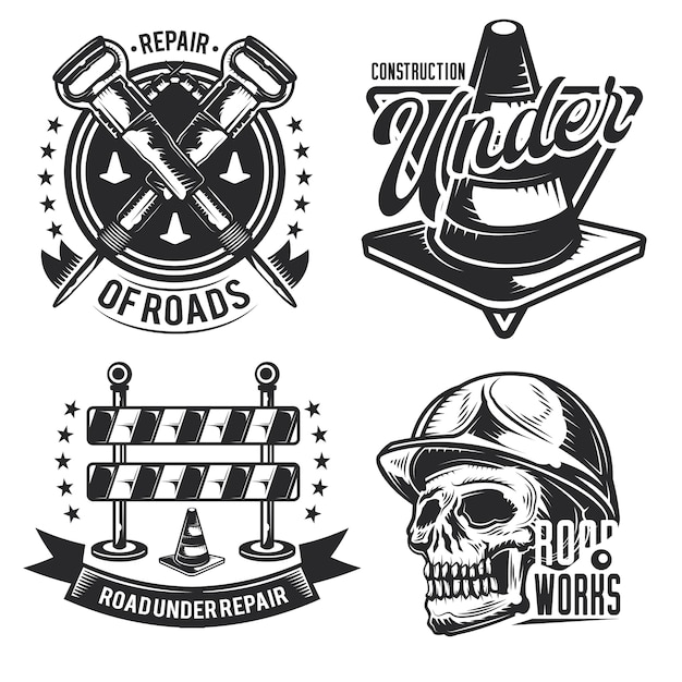 Set of road works emblems, labels, badges, logos. Isolated on white