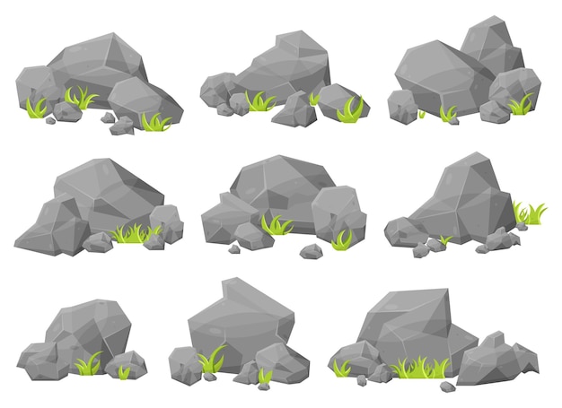 Vector set of rock stones and boulders in cartoon style