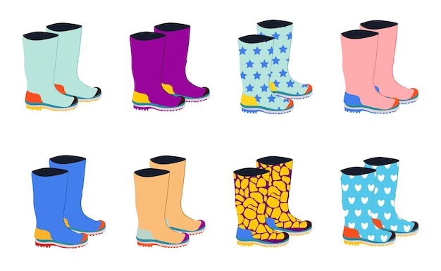 Set of rubber boots, different colors . Vector isolated on a white background