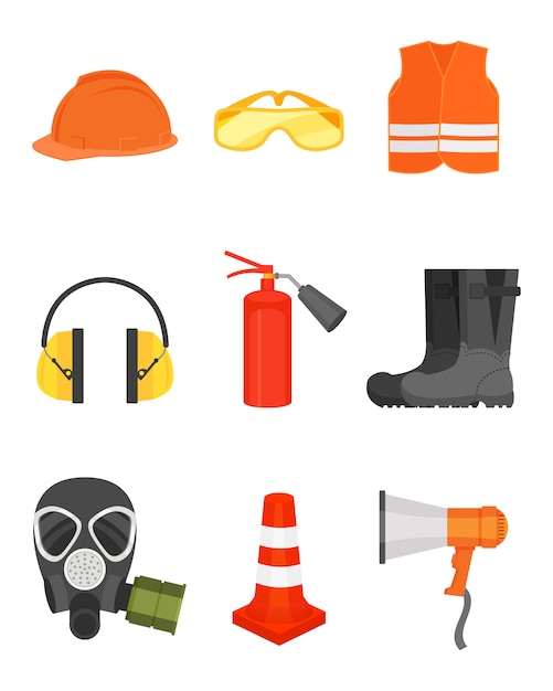   set of safety equipment. Protective wear and boots, loudspeaker, traffic cone, gas mask and fire extinguisher