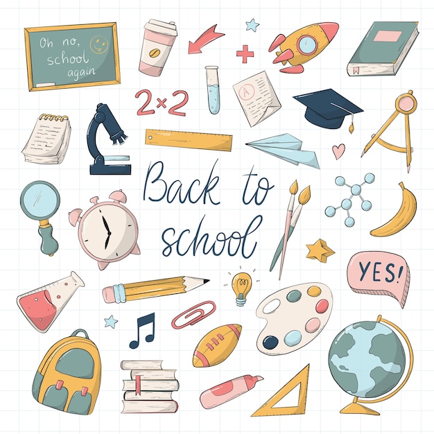 Set of school education doodles clip art for stickers prints planners scrapbooking stationary