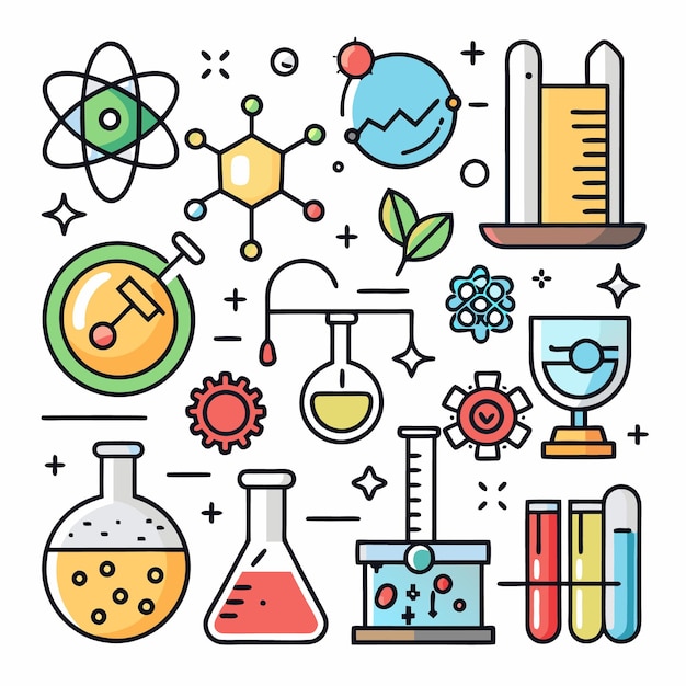 Vector set of science related line icons chemistry molecule biology dna lab etc