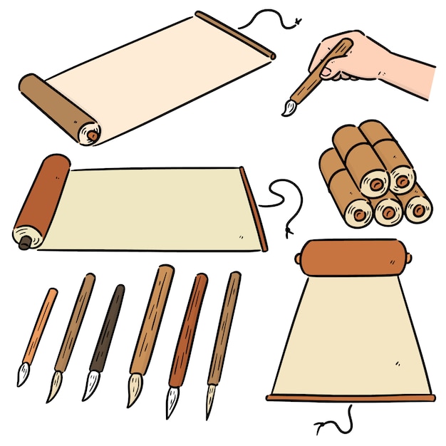 set of scroll and brush cartoon