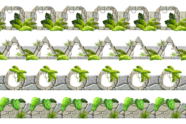 Set of seamless old gray rock border and frames with moss and grass