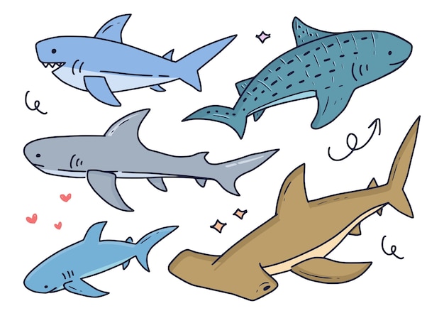 Set of shark animal fish cartoon drawing