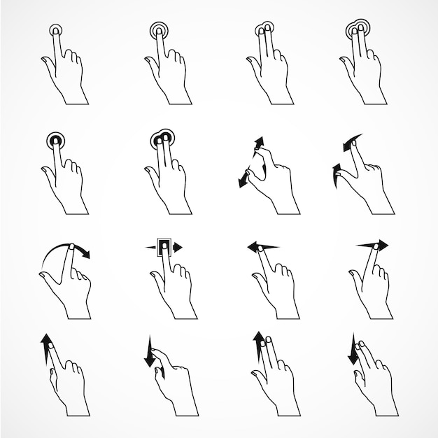 Set of sixteen isolated black line imaging hand gestures for working with smartphone tablet and pad vector illustration 