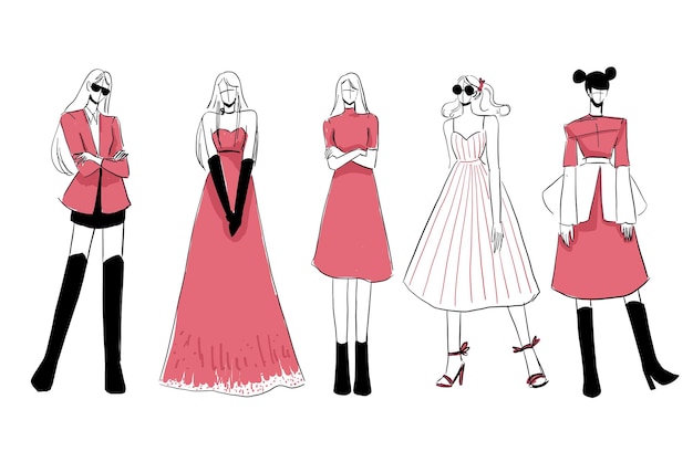 Set of Sketches of beautiful and diverse female fashion outfits