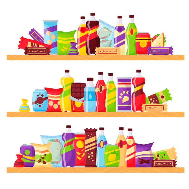 Vector set of snacks fast food and drinks products on the shelves beverage bottles sandwich in pack soda and juice for supermarket food store elements for market design cartoon style vector