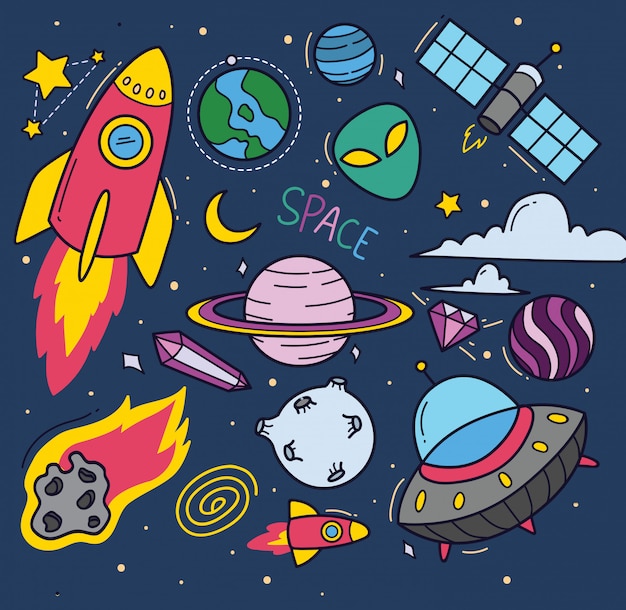 Set of space theme cartoon doodles