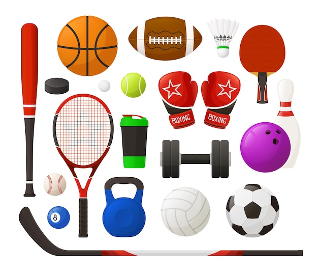 Vector set of sport equipment in simple design vector illustration collection of sport inventory