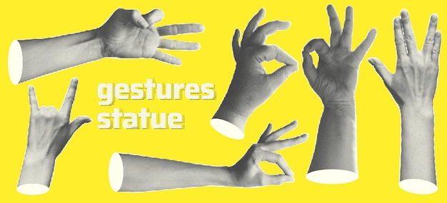 Vector set statue hands halftone style for collage design fingers show gestures as ok peace thumb up point to object rock isolated on yellow background contemporary modern art vector illustration