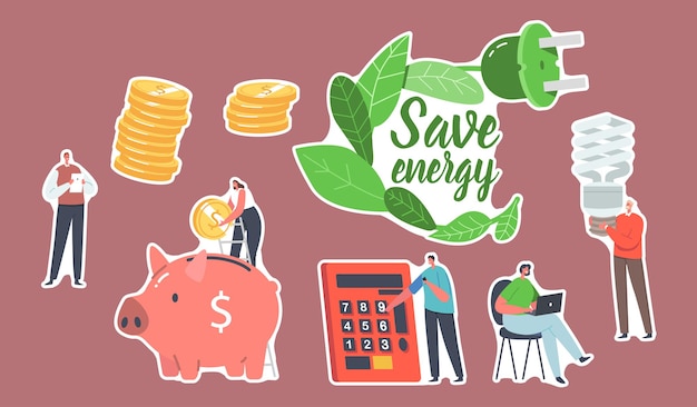 Set of Stickers Save Energy Theme. Male and Female Characters Counting Benefit at Calculator, Piggy Bank, People Use Energy Saving Eco Lamp, Woman Working on Laptop. Cartoon People Vector Illustration