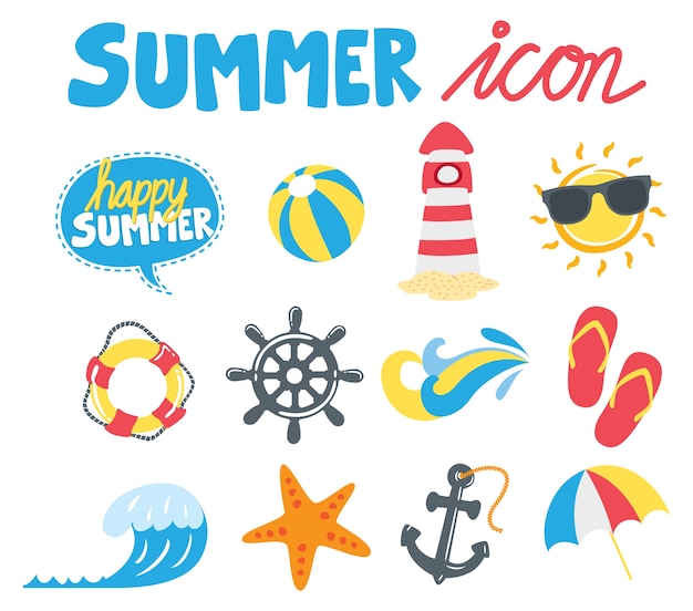 Set of summer icon in doodle style