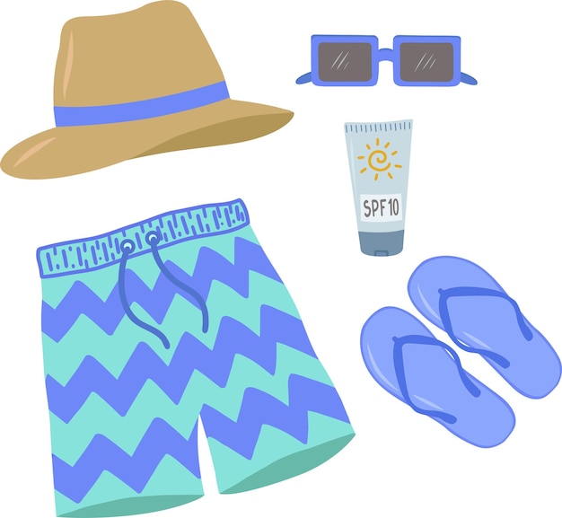 Vector a set of summer things for relaxing at sea shorts flipflops a hat and sunglasses a flat cartoon