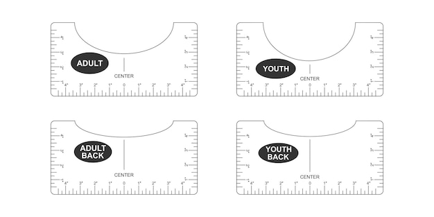 Vector set of t shirt alignment guides adult and youth size front and back templates rulers for clothing