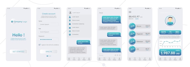 Vector set template mobile app cryptocurrency wallet chat room ui ux gui