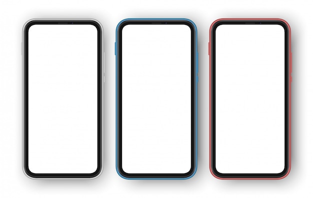 Set of three differently colored smartphones with white blank screens. Frameless cellphones isolated with screen