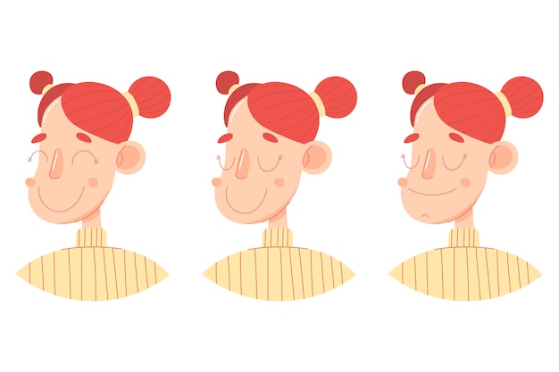 A set of three drawings of a female head with different positive emotions like laugh and smile.