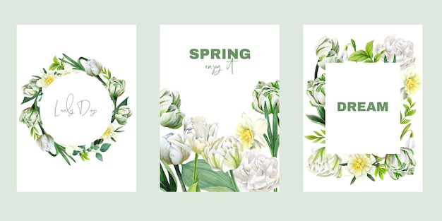 Set of three premade cards with tulips and daffodils