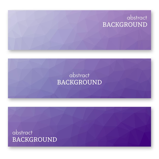 Vector set of three purple banners in low poly art style. background with place for your text. vector illustration