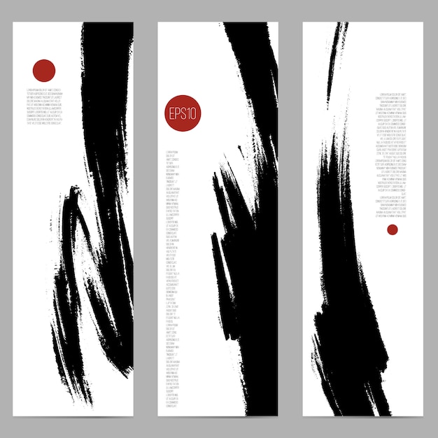 Vector set of three vertical banners with ink spots by brush.