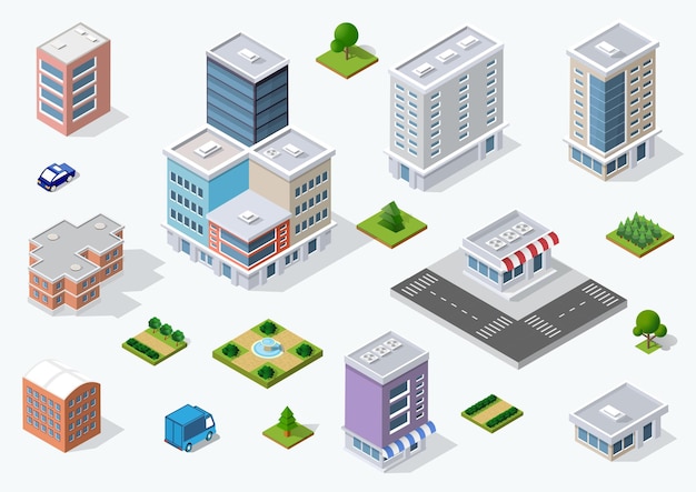 Vector set of town district of the city in isometric landscape urban infrastructure of houses streets