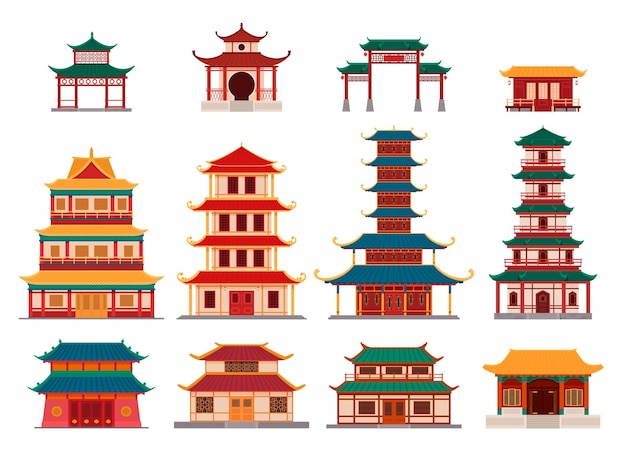 Set of traditional buildings in Asian style Ancient temples pagodas shrines residential buildings Vector illustration